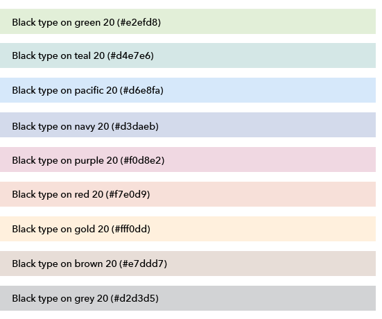 Chart showing accessible combinations of black type on brand colors with 20% saturation